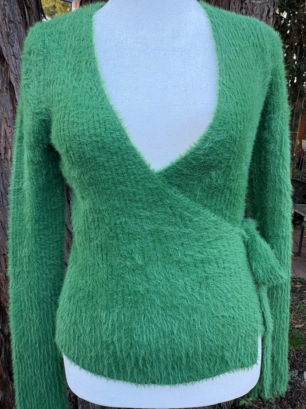 SHEIN Fuzzy Wrap Sweater Green Eyelash Knit Tie Waist Size Medium